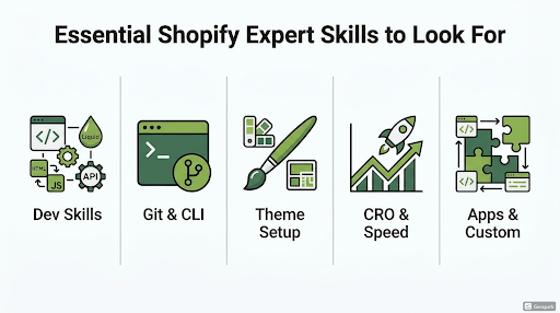 essential Shopify expert skills including Liquid, APIs, Git, theme setup, CRO, speed optimisation and custom app development.