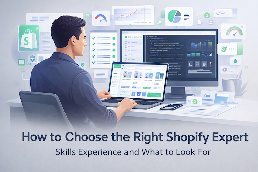 How to choose the right Shopify expert showing developer working on Shopify store with dashboard, code and performance analytics
