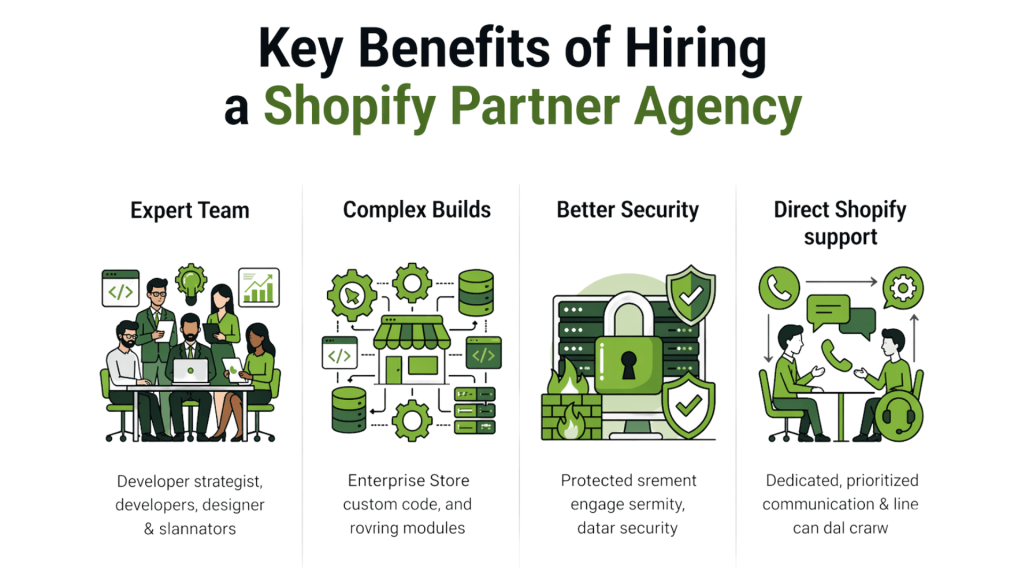 Illustration showing key benefits of hiring a Shopify partner agency including expert team support, complex Shopify builds, better security, and direct Shopify support services.
