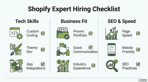 Shopify expert hiring checklist covering technical skills, business fit, SEO, and speed optimisation for choosing the right Shopify expert.