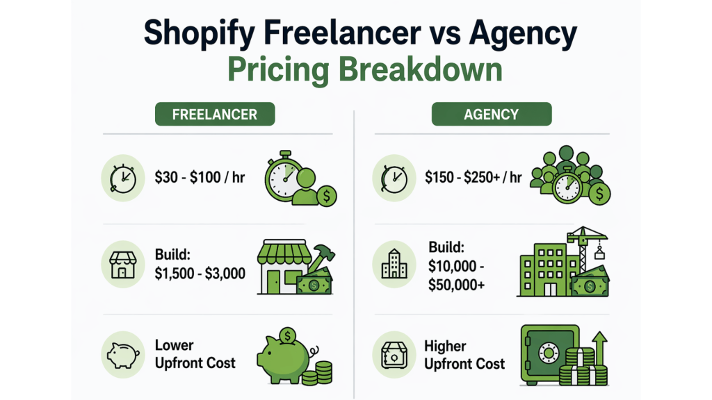 Shopify freelancer vs agency pricing breakdown comparing hourly rates, ecommerce store development costs, and upfront investment for Shopify development services.