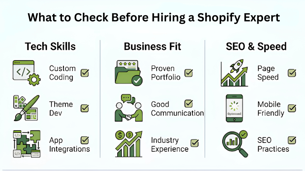 Key factors to check before hiring a Shopify expert such as coding skills, theme development, app integrations, portfolio, communication, SEO, and site speed.