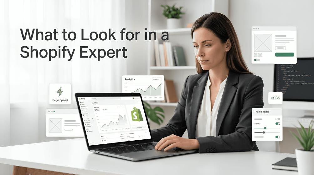 Shopify expert reviewing analytics dashboard and optimizing eCommerce website performance, design, and page speed.