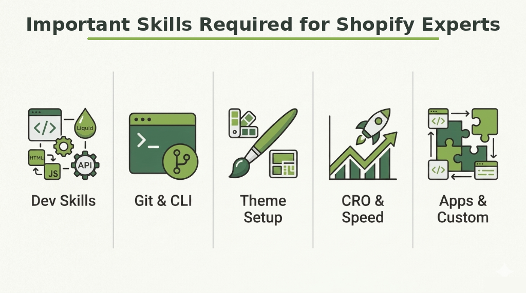 Important Shopify expert skills such as development, Git, theme customization, CRO, performance optimization, and app development.