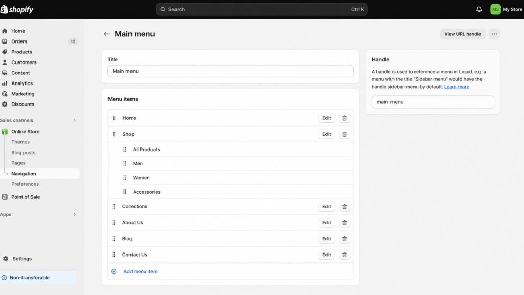 Shopify menu setup